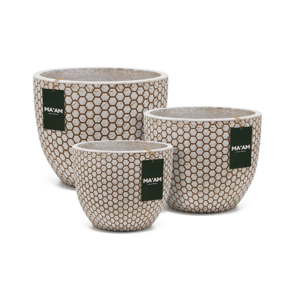 MA'AM Pottery Mila - honeycomb bloempot - beige - honing graat decoratie - set