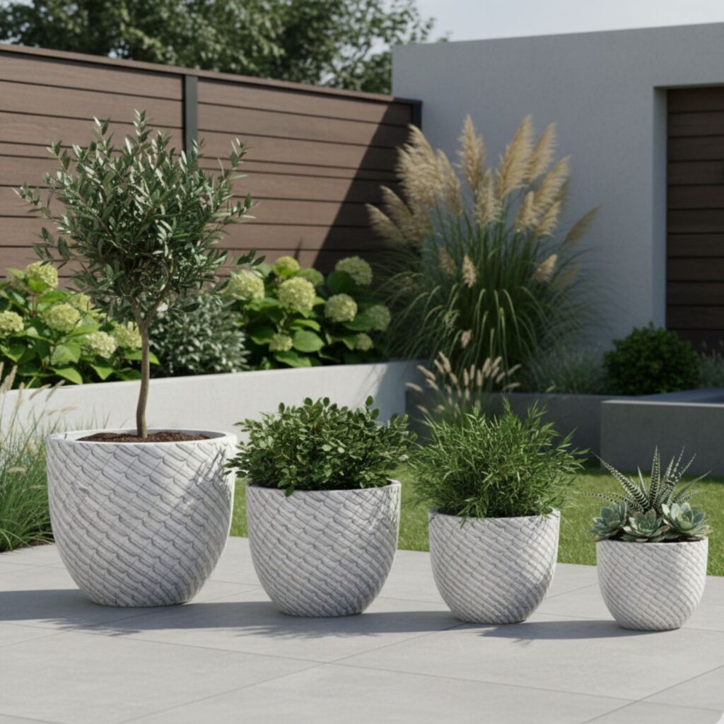 MA'AM Pottery Mira -witte buiten bloempot met relief structuur - sfeerbeeld